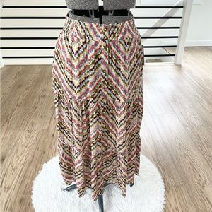 NWT XS X L Pink, blue, green yellow boho print midi button down skirt w/pockets